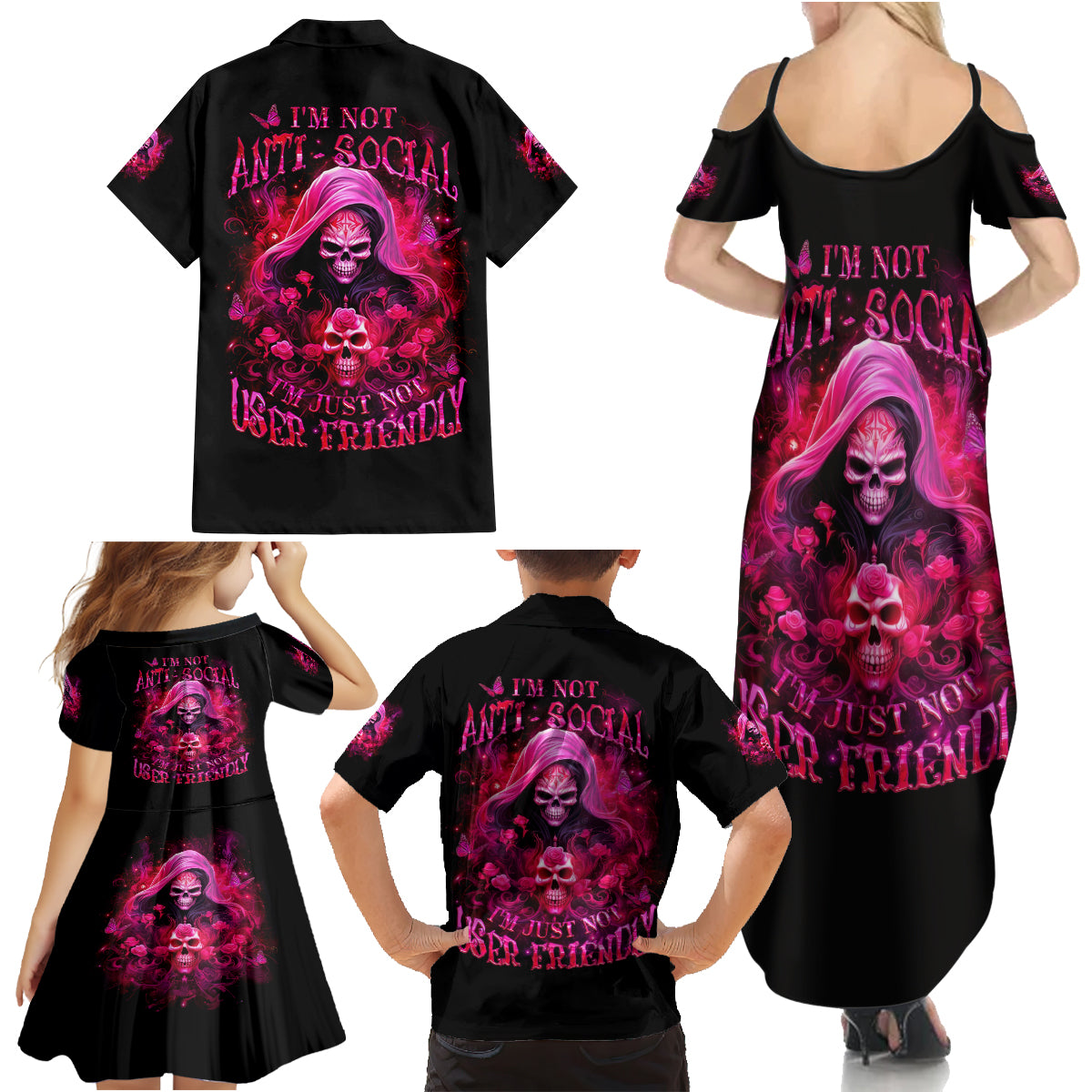 Witch Skull Family Matching Summer Maxi Dress and Hawaiian Shirt I'm Not Anti-Social I'm Just Not User Friendly - Wonder Print Shop