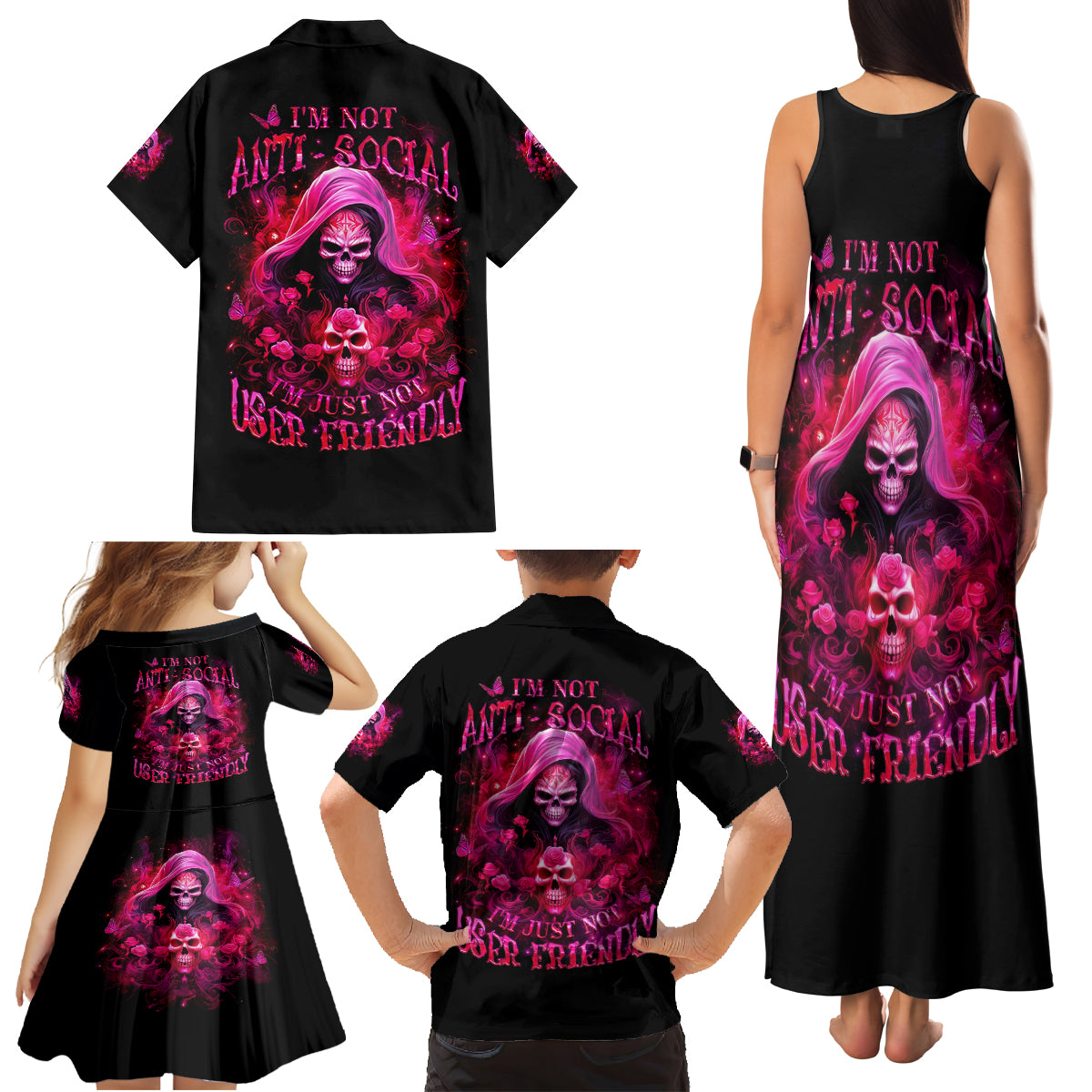 Witch Skull Family Matching Tank Maxi Dress and Hawaiian Shirt I'm Not Anti-Social I'm Just Not User Friendly - Wonder Print Shop