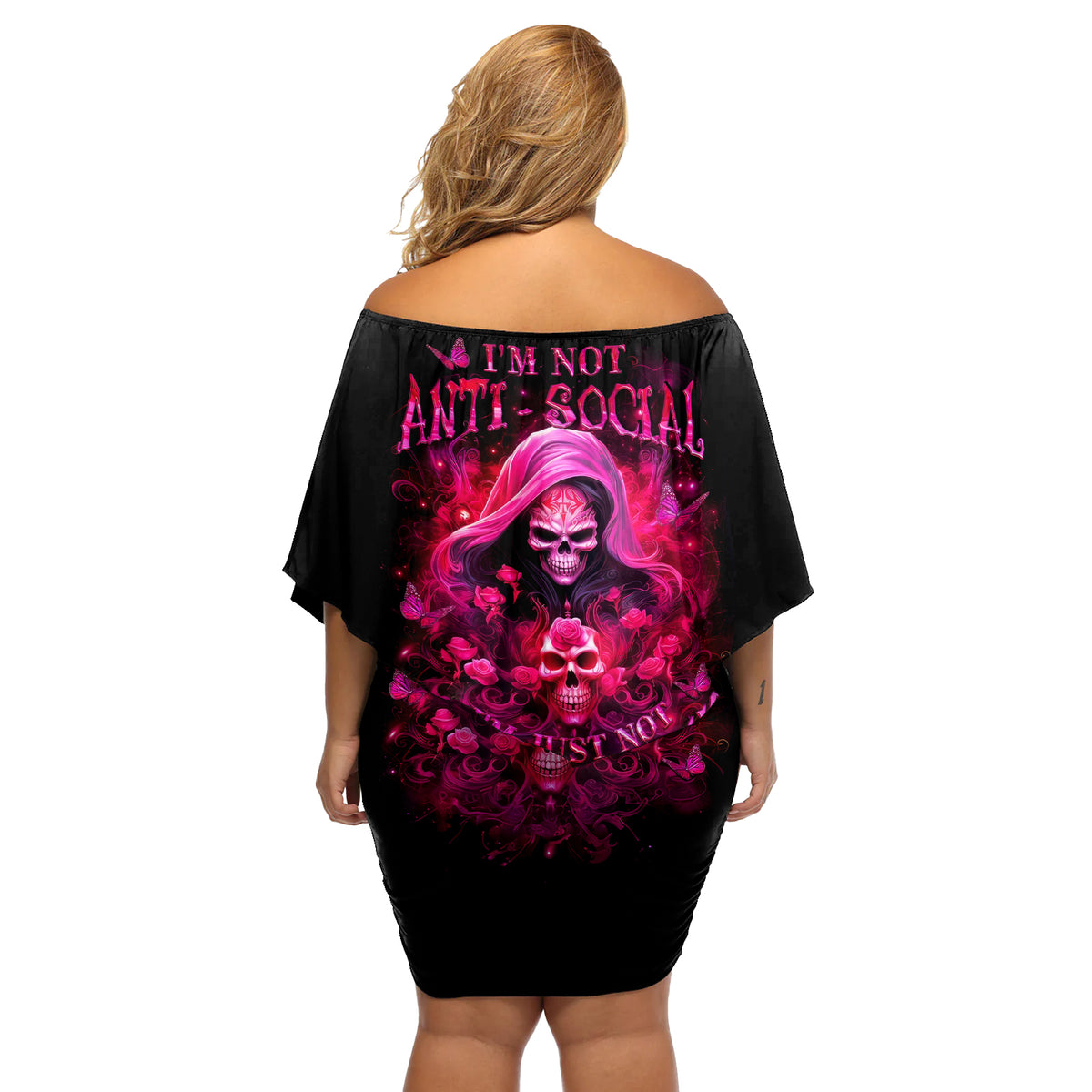 Witch Skull Off Shoulder Short Dress I'm Not Anti-Social I'm Just Not User Friendly - Wonder Print Shop