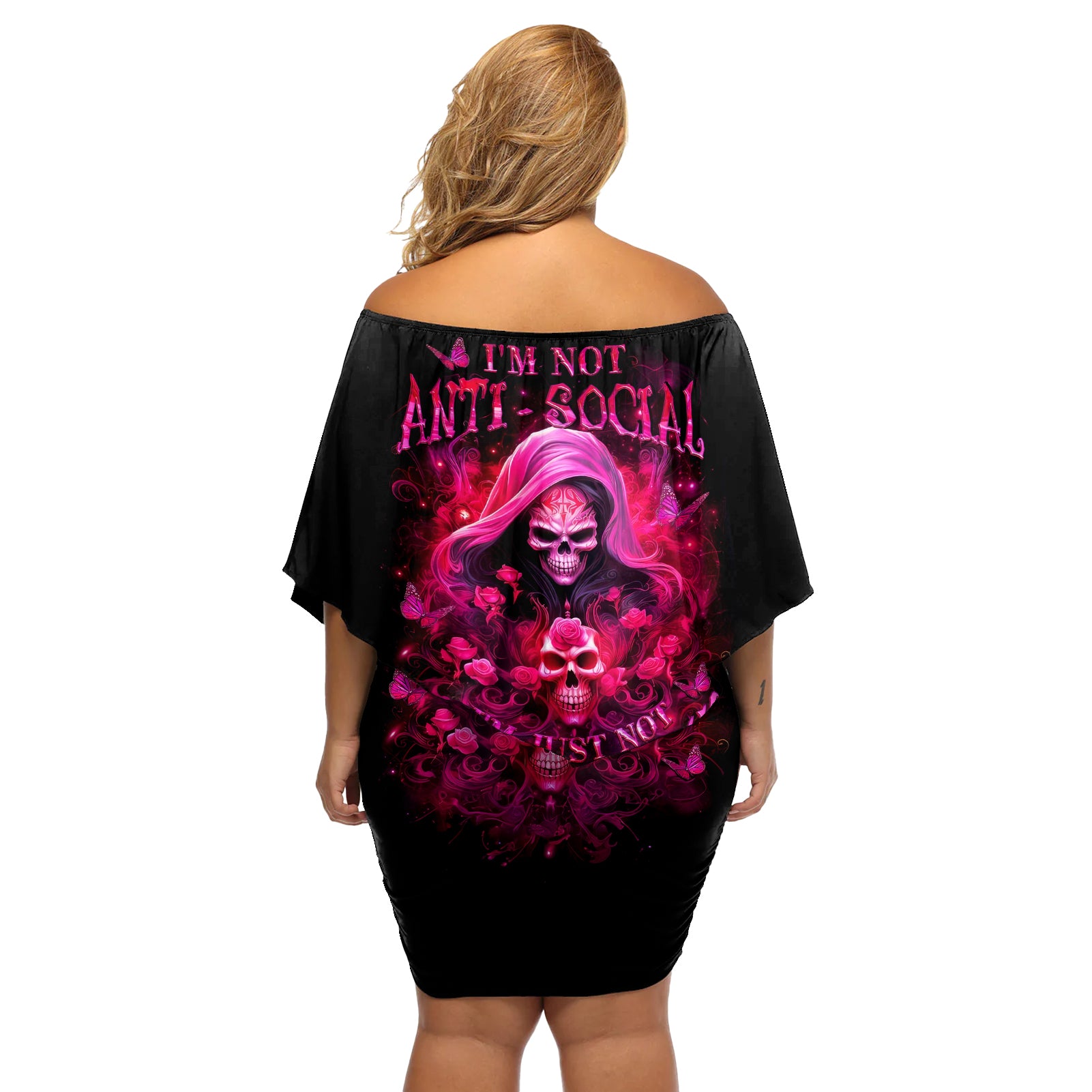 Witch Skull Off Shoulder Short Dress I'm Not Anti-Social I'm Just Not User Friendly - Wonder Print Shop