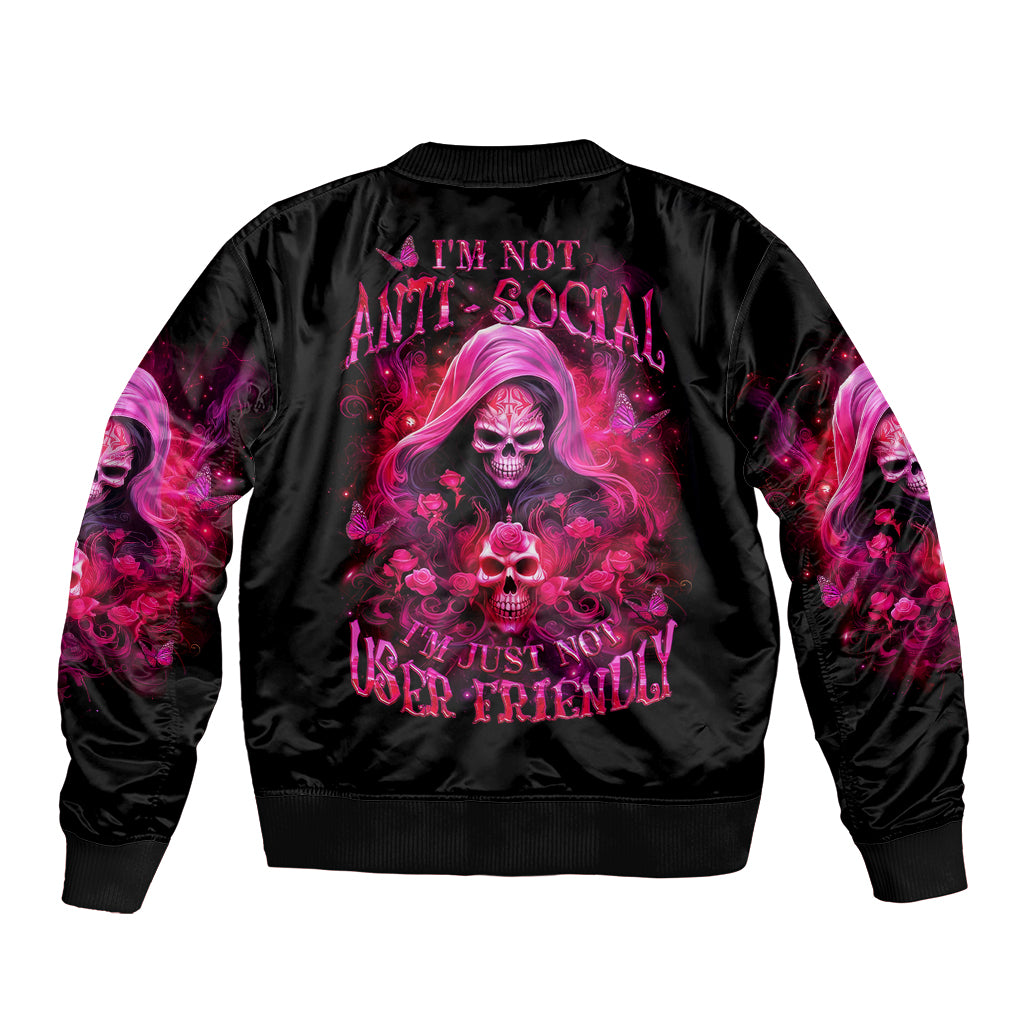 Witch Skull Sleeve Zip Bomber Jacket I'm Not Anti-Social I'm Just Not User Friendly - Wonder Print Shop