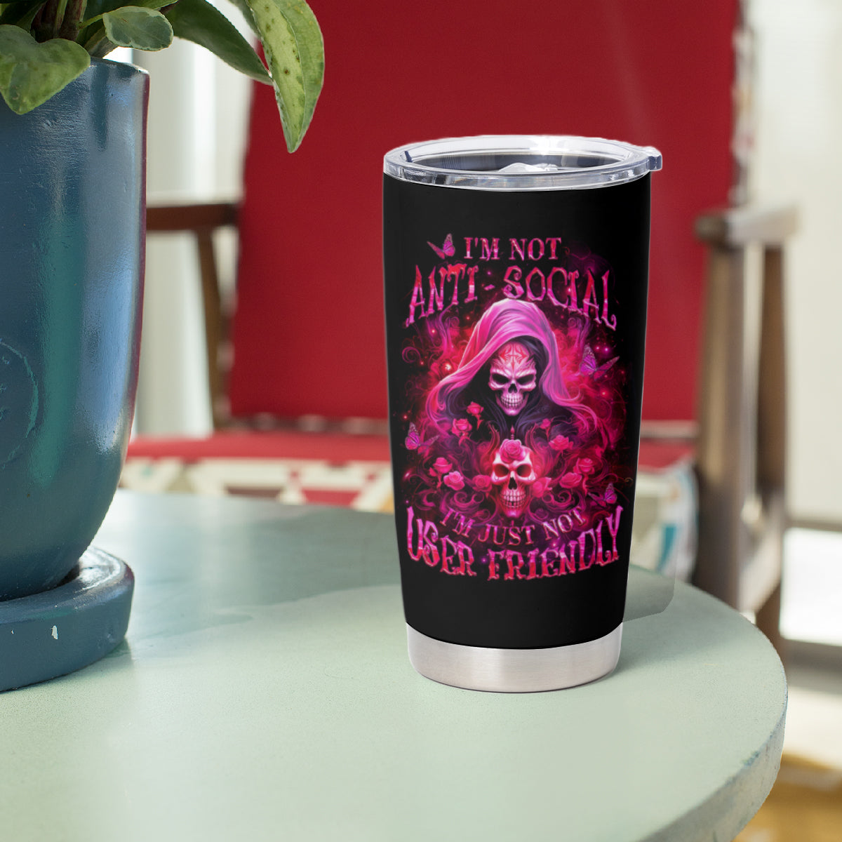 Witch Skull Tumbler Cup I'm Not Anti-Social I'm Just Not User Friendly - Wonder Print Shop