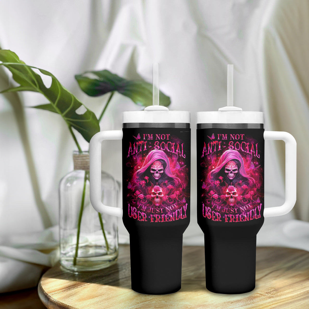 Witch Skull Tumbler With Handle I'm Not Anti-Social I'm Just Not User Friendly - Wonder Print Shop