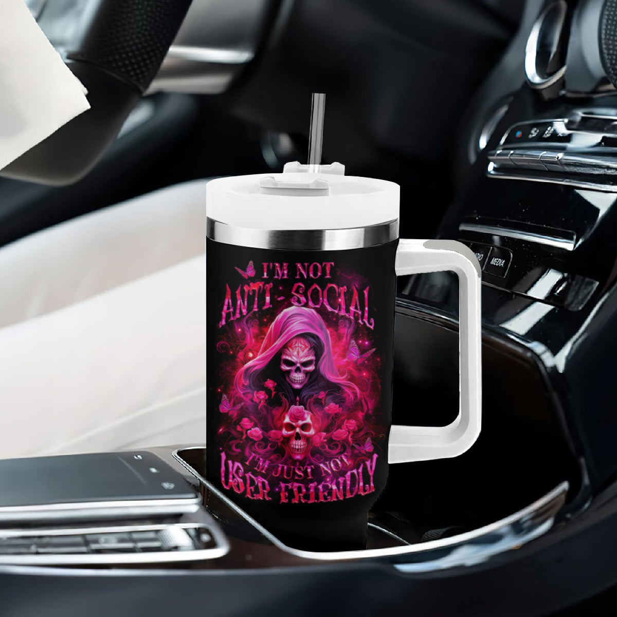 Witch Skull Tumbler With Handle I'm Not Anti-Social I'm Just Not User Friendly - Wonder Print Shop