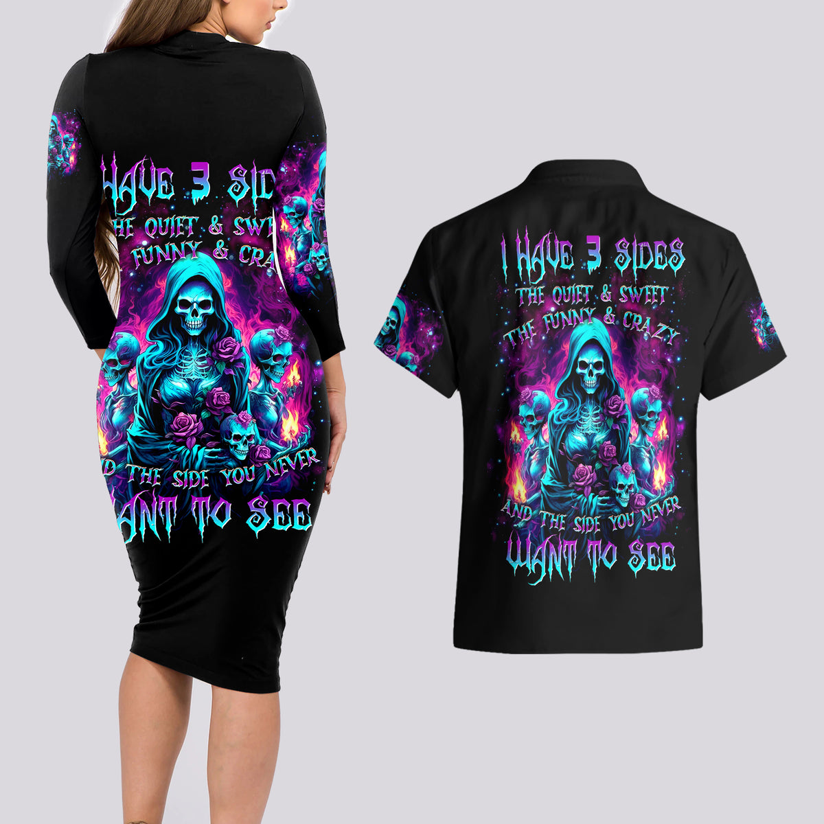 Witch Skull Couples Matching Long Sleeve Bodycon Dress and Hawaiian Shirt I Have 3 Sides And The Side You Never Want To See - Wonder Print Shop