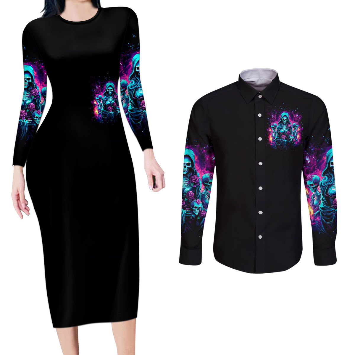 Witch Skull Couples Matching Long Sleeve Bodycon Dress and Long Sleeve Button Shirt I Have 3 Sides And The Side You Never Want To See - Wonder Print Shop