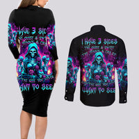 Witch Skull Couples Matching Long Sleeve Bodycon Dress and Long Sleeve Button Shirt I Have 3 Sides And The Side You Never Want To See - Wonder Print Shop