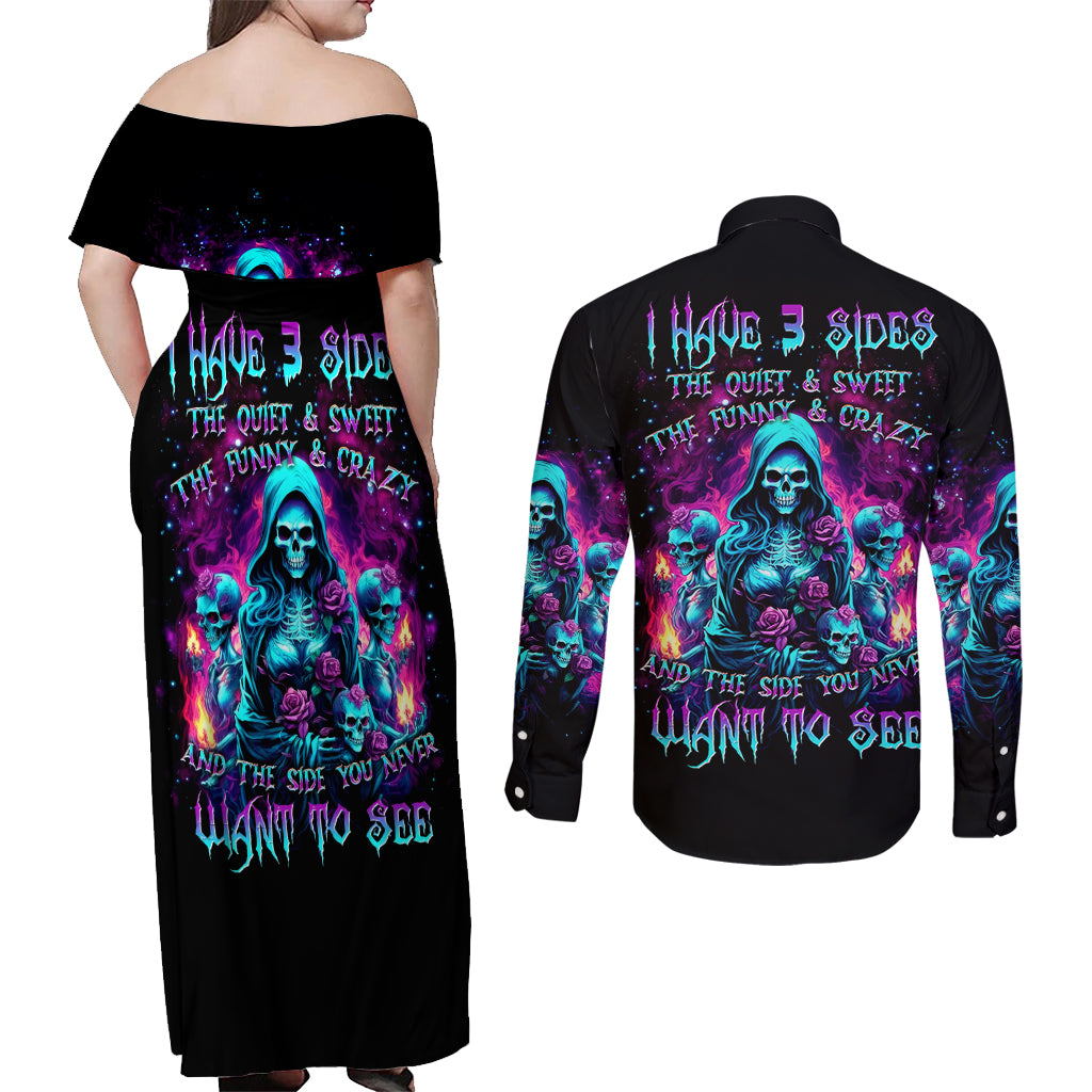 Witch Skull Couples Matching Off Shoulder Maxi Dress and Long Sleeve Button Shirt I Have 3 Sides And The Side You Never Want To See - Wonder Print Shop