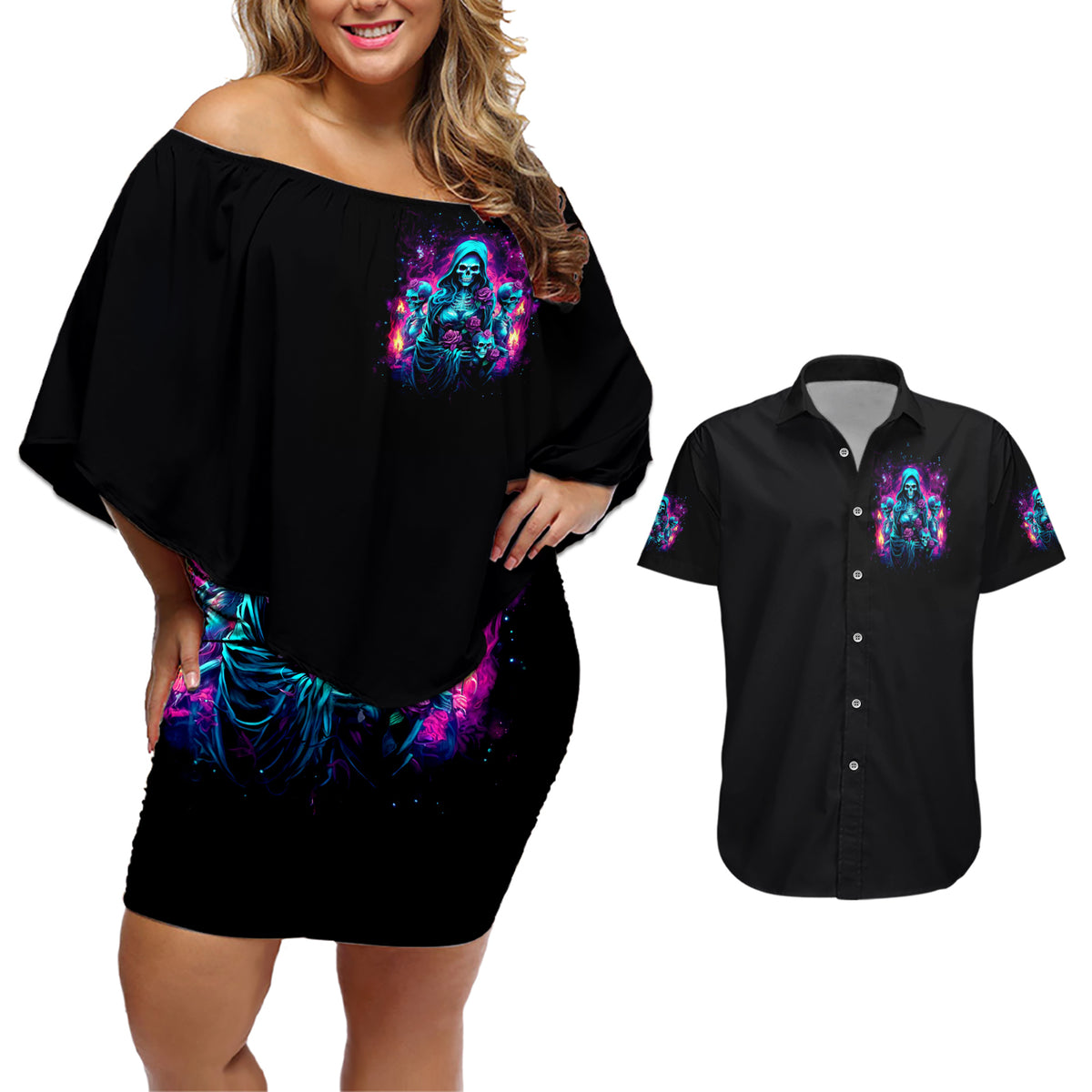 Witch Skull Couples Matching Off Shoulder Short Dress and Hawaiian Shirt I Have 3 Sides And The Side You Never Want To See - Wonder Print Shop