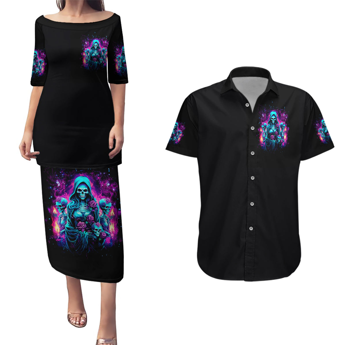 Witch Skull Couples Matching Puletasi and Hawaiian Shirt I Have 3 Sides And The Side You Never Want To See - Wonder Print Shop