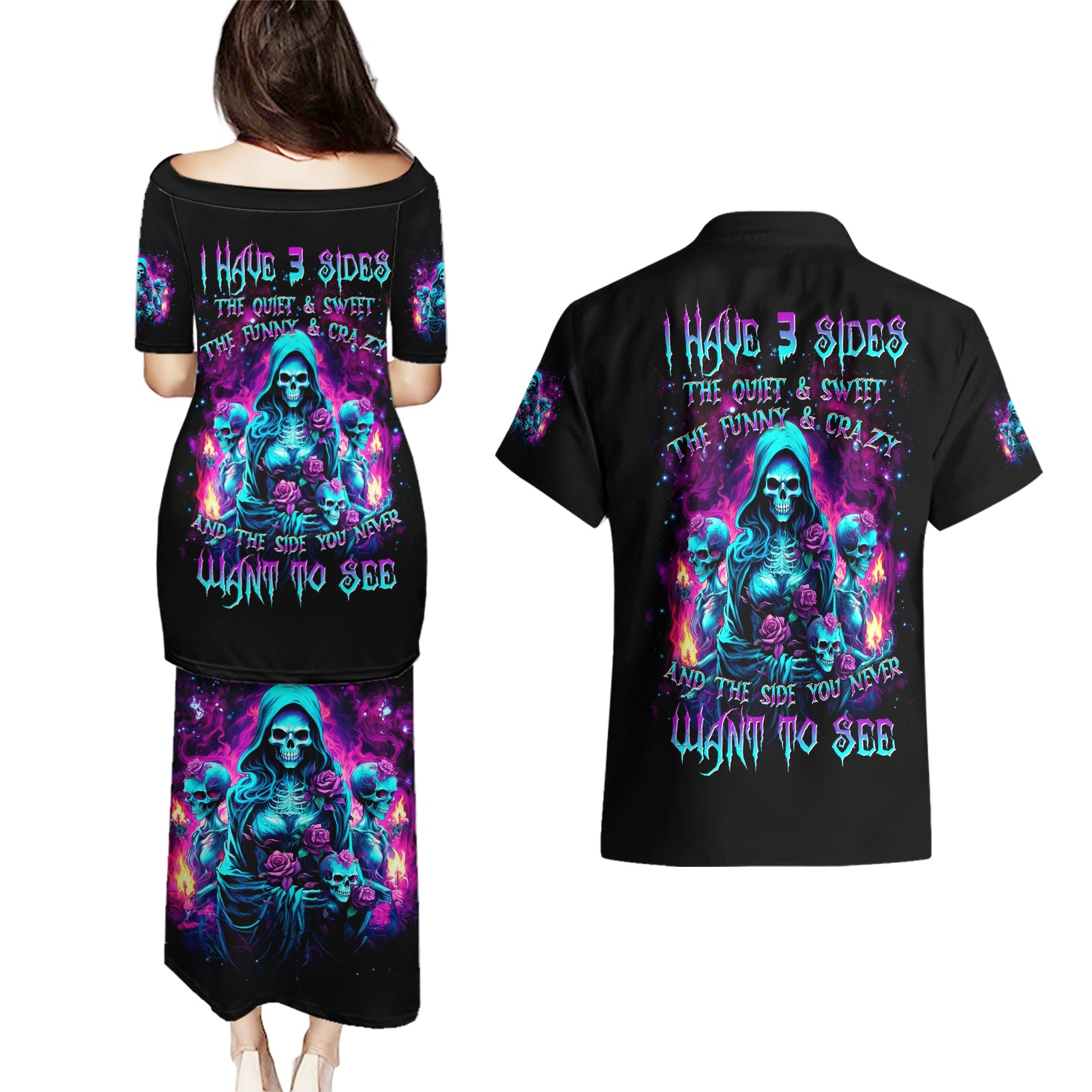 Witch Skull Couples Matching Puletasi and Hawaiian Shirt I Have 3 Sides And The Side You Never Want To See - Wonder Print Shop