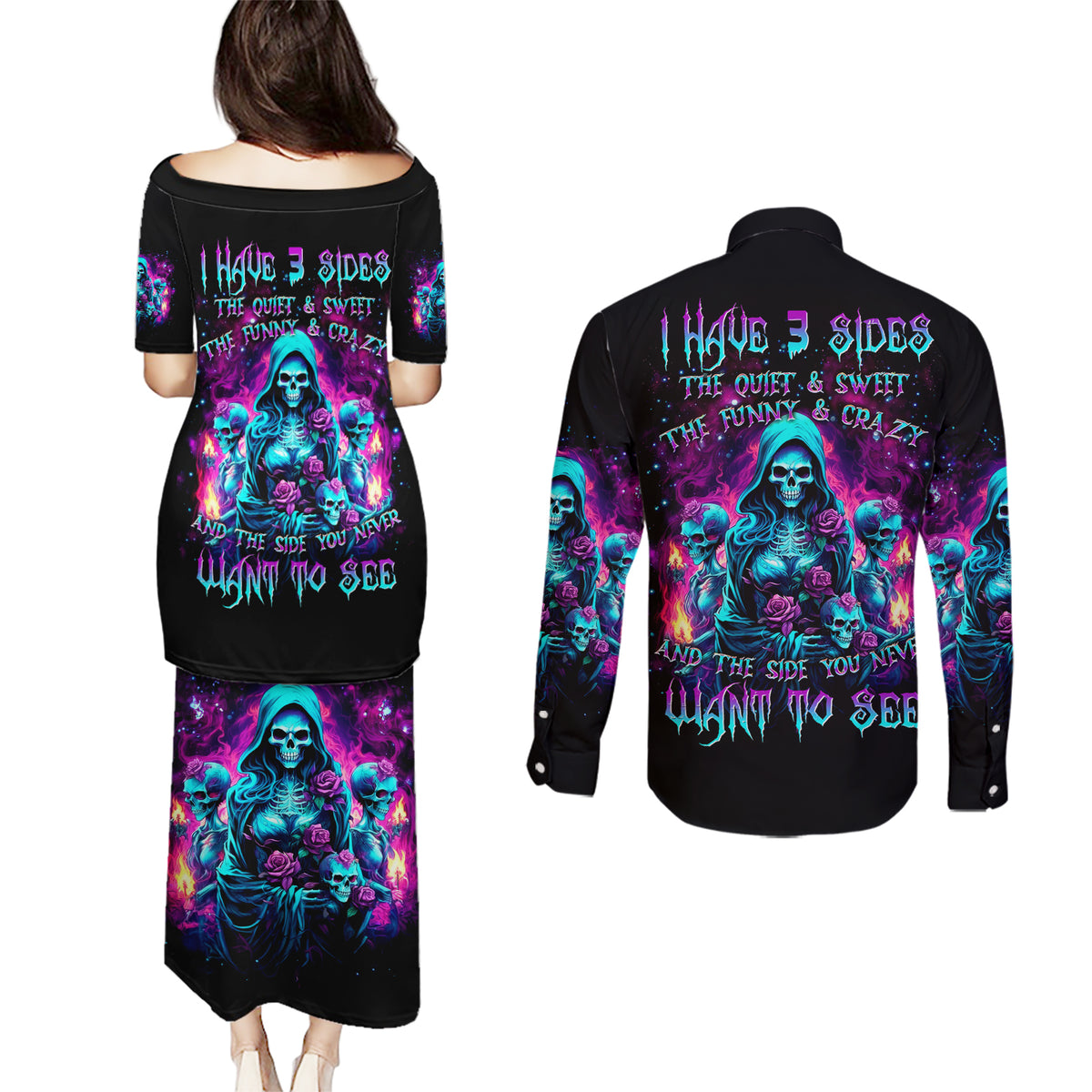 Witch Skull Couples Matching Puletasi and Long Sleeve Button Shirt I Have 3 Sides And The Side You Never Want To See - Wonder Print Shop