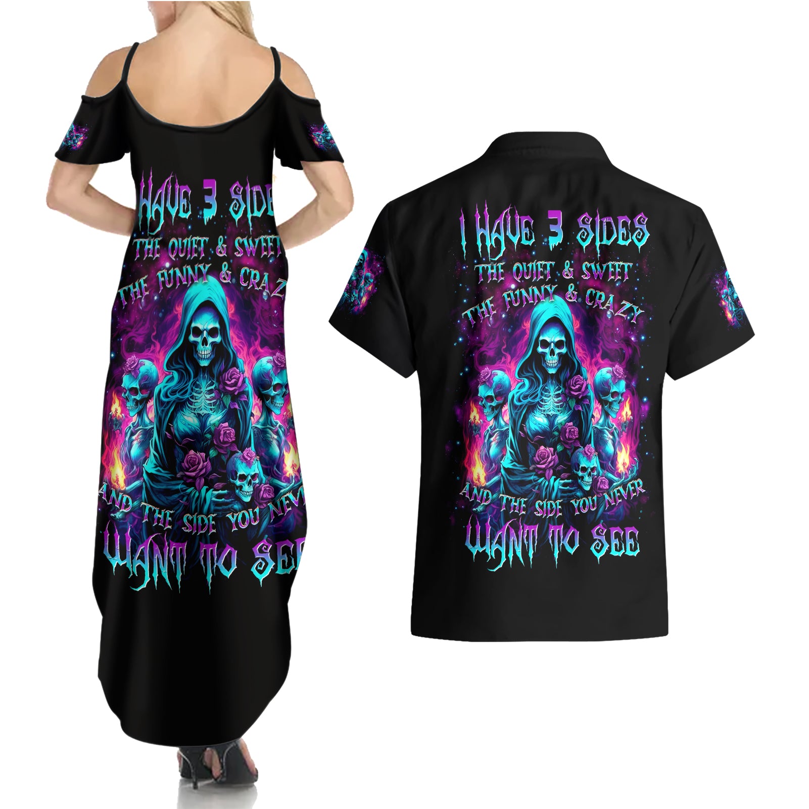 Witch Skull Couples Matching Summer Maxi Dress and Hawaiian Shirt I Have 3 Sides And The Side You Never Want To See - Wonder Print Shop