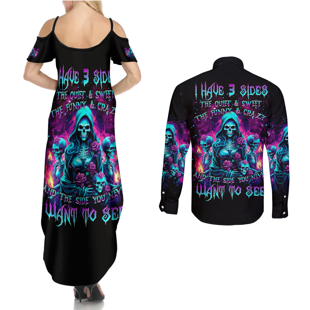 Witch Skull Couples Matching Summer Maxi Dress and Long Sleeve Button Shirt I Have 3 Sides And The Side You Never Want To See - Wonder Print Shop