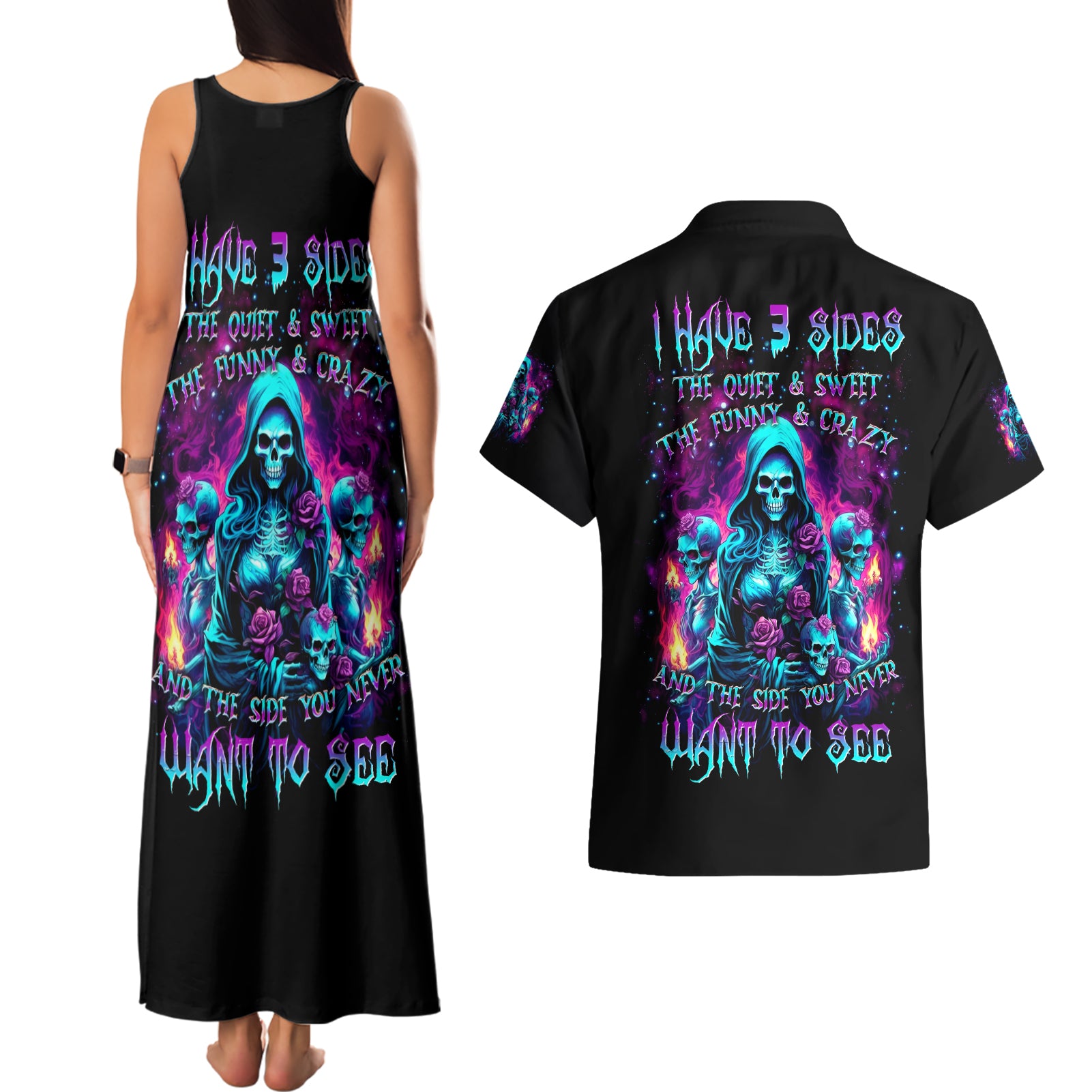 Witch Skull Couples Matching Tank Maxi Dress and Hawaiian Shirt I Have 3 Sides And The Side You Never Want To See - Wonder Print Shop