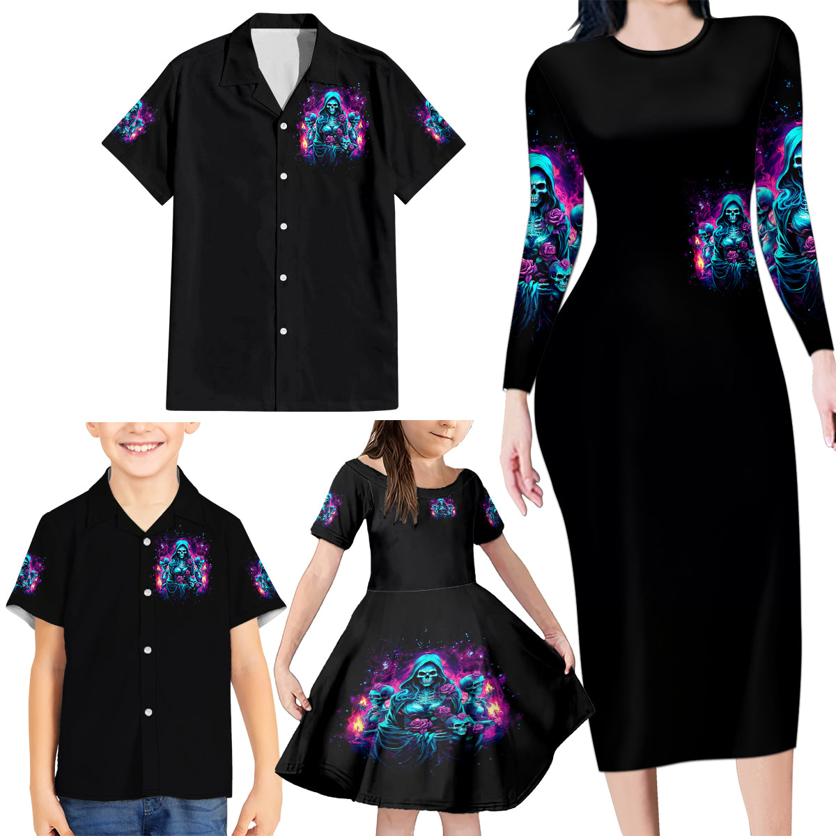 Witch Skull Family Matching Long Sleeve Bodycon Dress and Hawaiian Shirt I Have 3 Sides And The Side You Never Want To See - Wonder Print Shop