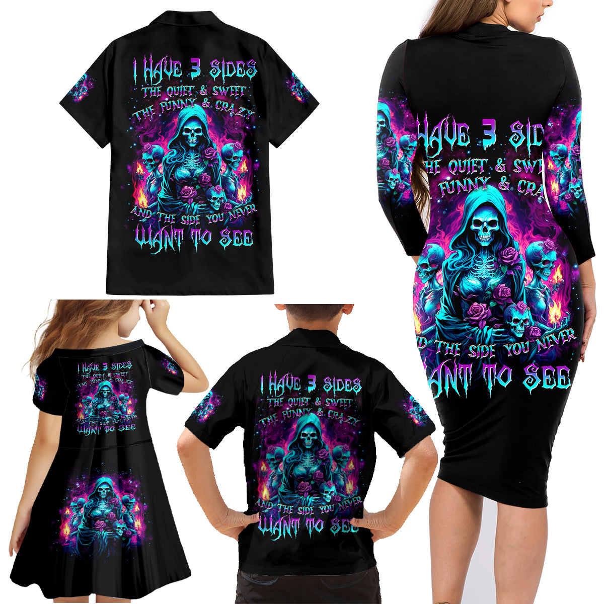 Witch Skull Family Matching Long Sleeve Bodycon Dress and Hawaiian Shirt I Have 3 Sides And The Side You Never Want To See - Wonder Print Shop