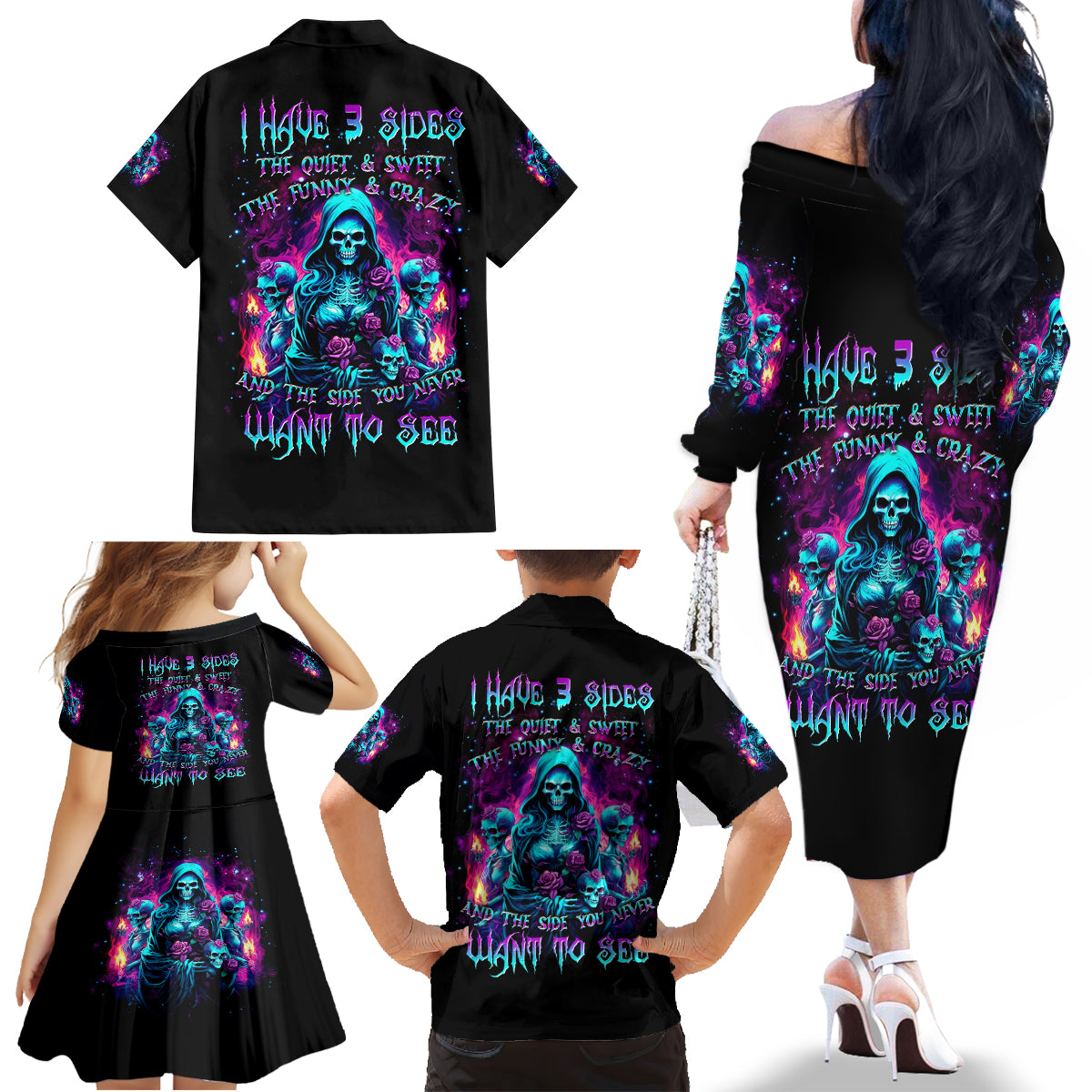 Witch Skull Family Matching Off Shoulder Long Sleeve Dress and Hawaiian Shirt I Have 3 Sides And The Side You Never Want To See - Wonder Print Shop