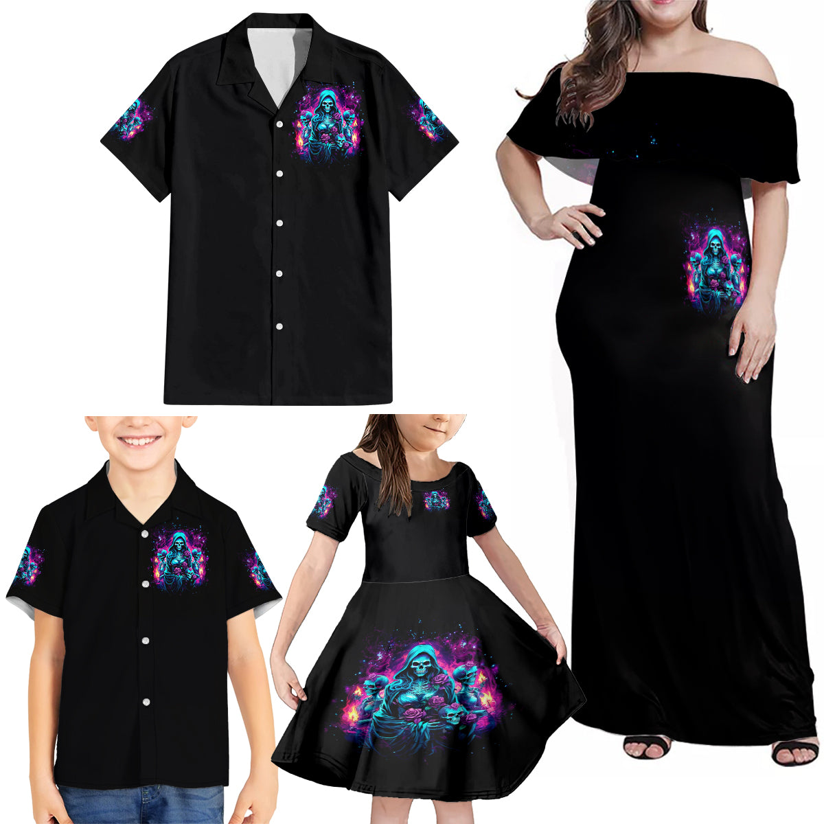 Witch Skull Family Matching Off Shoulder Maxi Dress and Hawaiian Shirt I Have 3 Sides And The Side You Never Want To See - Wonder Print Shop