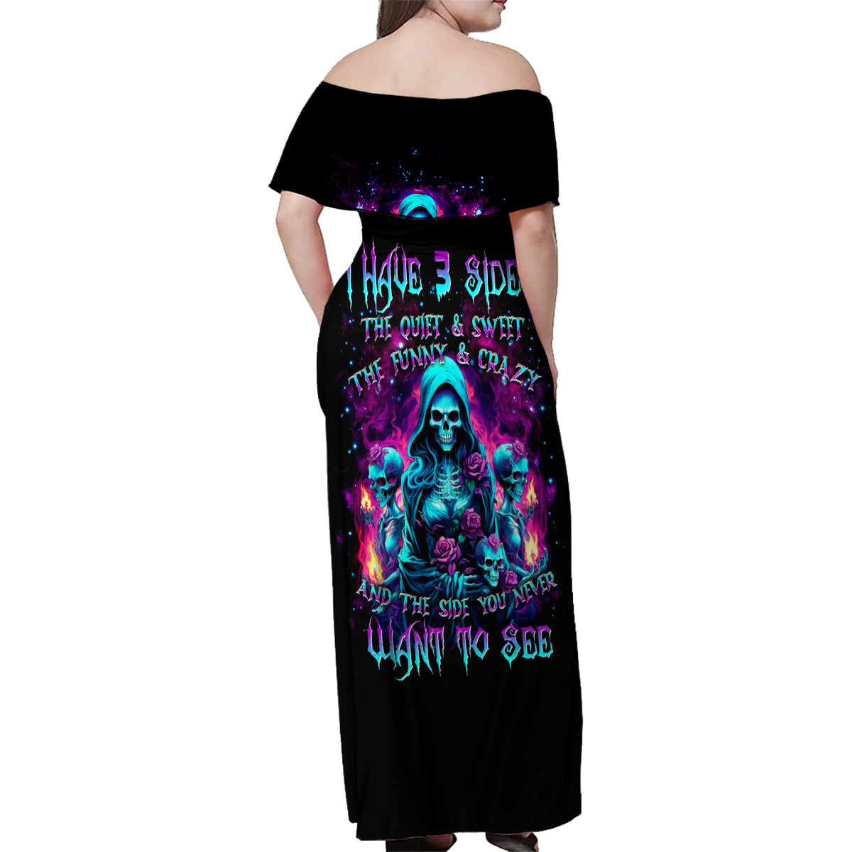 Witch Skull Family Matching Off Shoulder Maxi Dress and Hawaiian Shirt I Have 3 Sides And The Side You Never Want To See - Wonder Print Shop