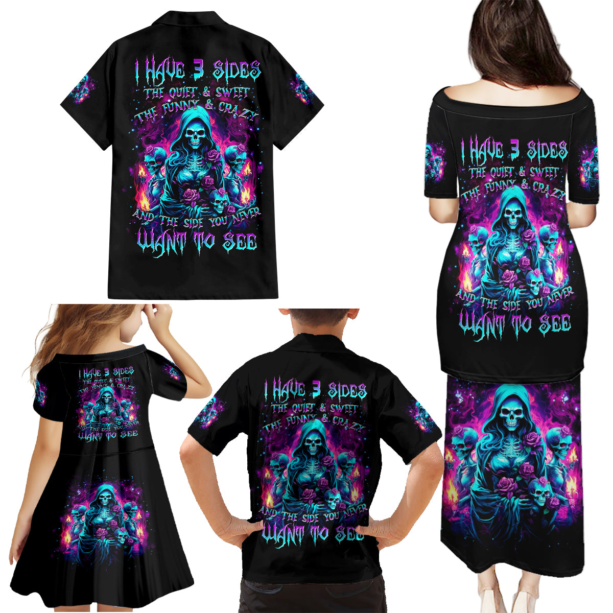 Witch Skull Family Matching Puletasi and Hawaiian Shirt I Have 3 Sides And The Side You Never Want To See - Wonder Print Shop