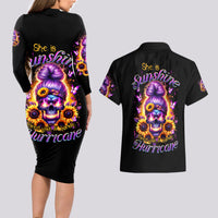 Sunflower Skull Couples Matching Long Sleeve Bodycon Dress and Hawaiian Shirt She Is Sunshine Mixed With A Little Hurricane - Wonder Print Shop