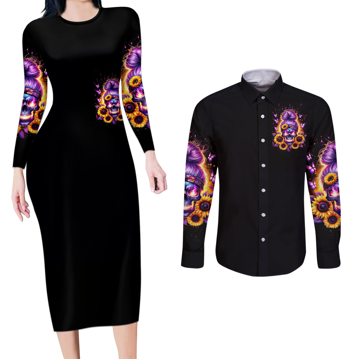 Sunflower Skull Couples Matching Long Sleeve Bodycon Dress and Long Sleeve Button Shirt She Is Sunshine Mixed With A Little Hurricane - Wonder Print Shop