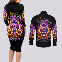 Sunflower Skull Couples Matching Long Sleeve Bodycon Dress and Long Sleeve Button Shirt She Is Sunshine Mixed With A Little Hurricane - Wonder Print Shop