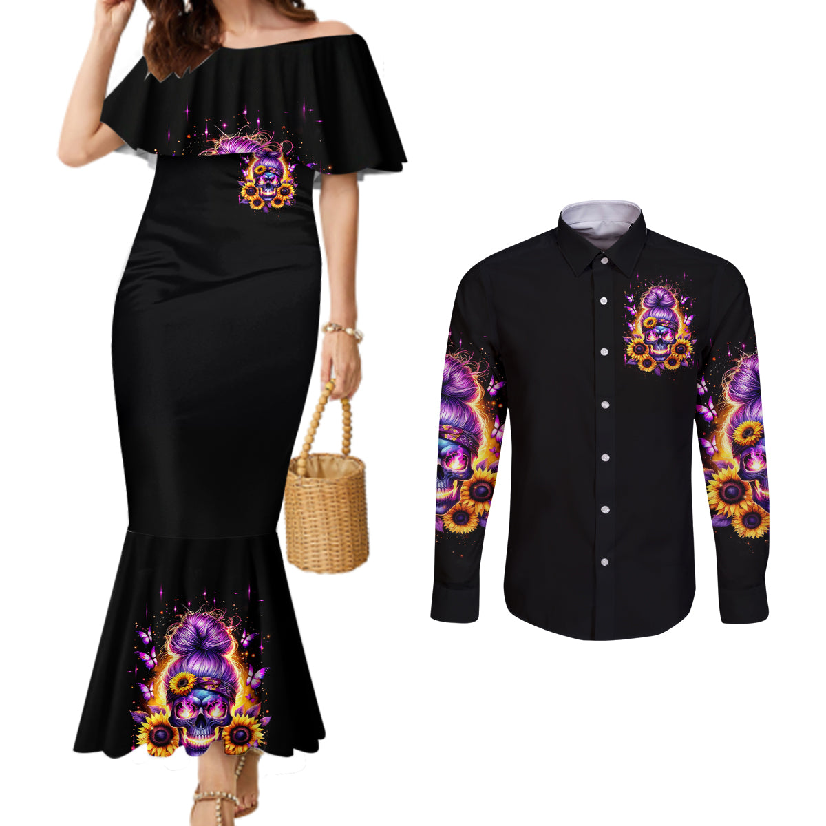 Sunflower Skull Couples Matching Mermaid Dress and Long Sleeve Button Shirt She Is Sunshine Mixed With A Little Hurricane