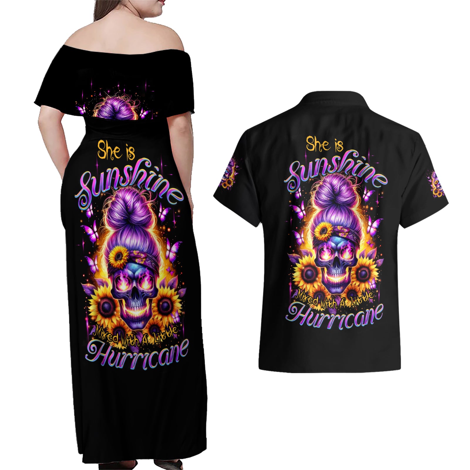Sunflower Skull Couples Matching Off Shoulder Maxi Dress and Hawaiian Shirt She Is Sunshine Mixed With A Little Hurricane - Wonder Print Shop