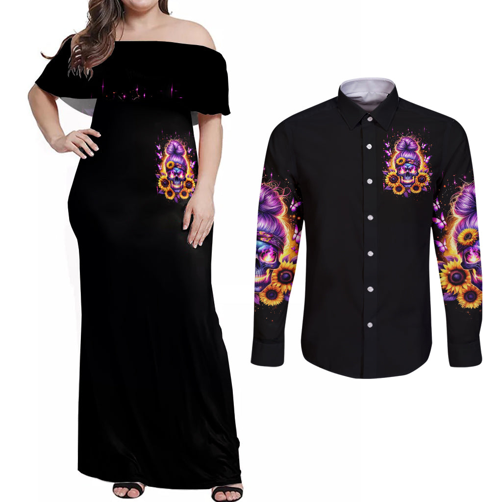 Sunflower Skull Couples Matching Off Shoulder Maxi Dress and Long Sleeve Button Shirt She Is Sunshine Mixed With A Little Hurricane - Wonder Print Shop