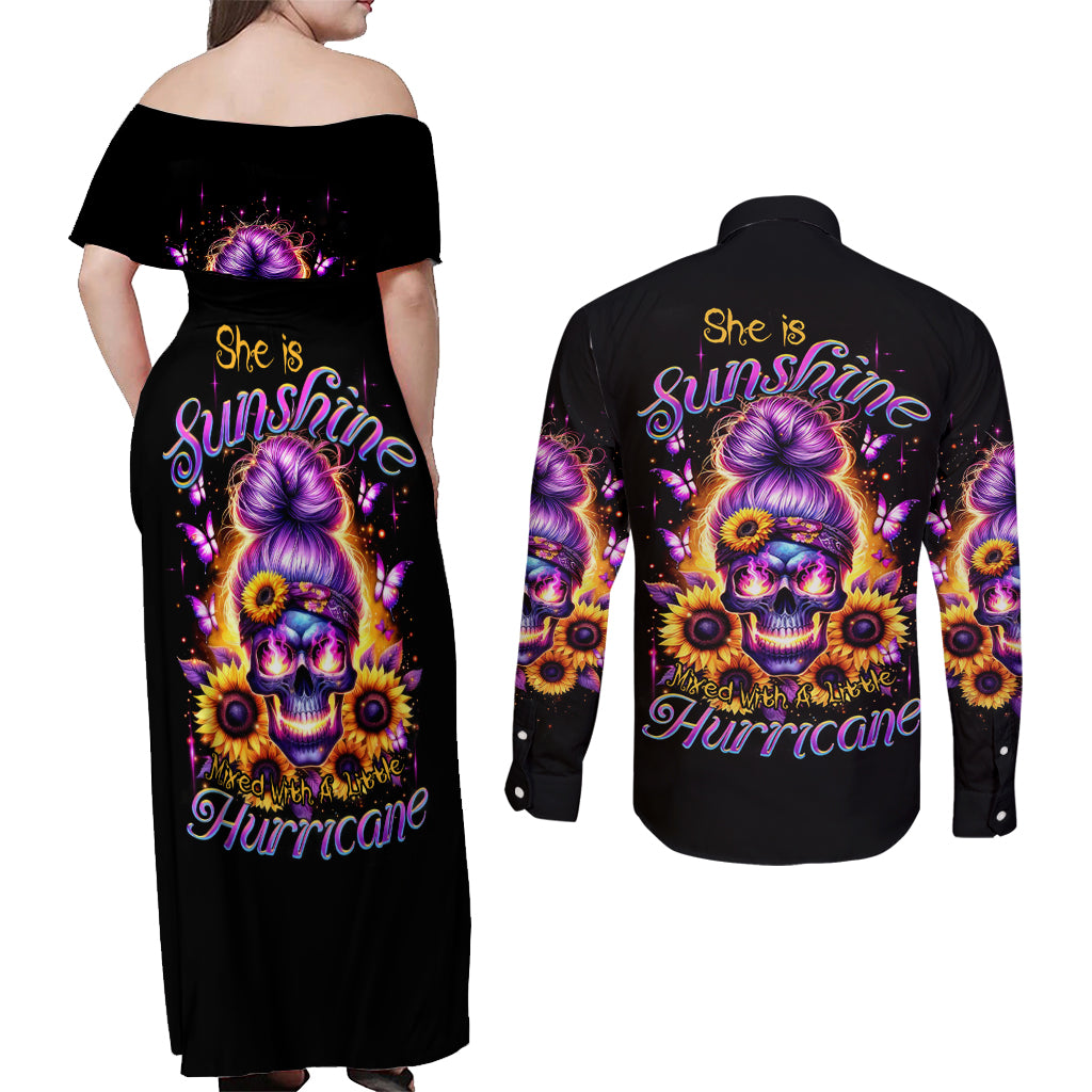 Sunflower Skull Couples Matching Off Shoulder Maxi Dress and Long Sleeve Button Shirt She Is Sunshine Mixed With A Little Hurricane - Wonder Print Shop
