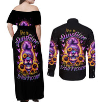 Sunflower Skull Couples Matching Off Shoulder Maxi Dress and Long Sleeve Button Shirt She Is Sunshine Mixed With A Little Hurricane - Wonder Print Shop