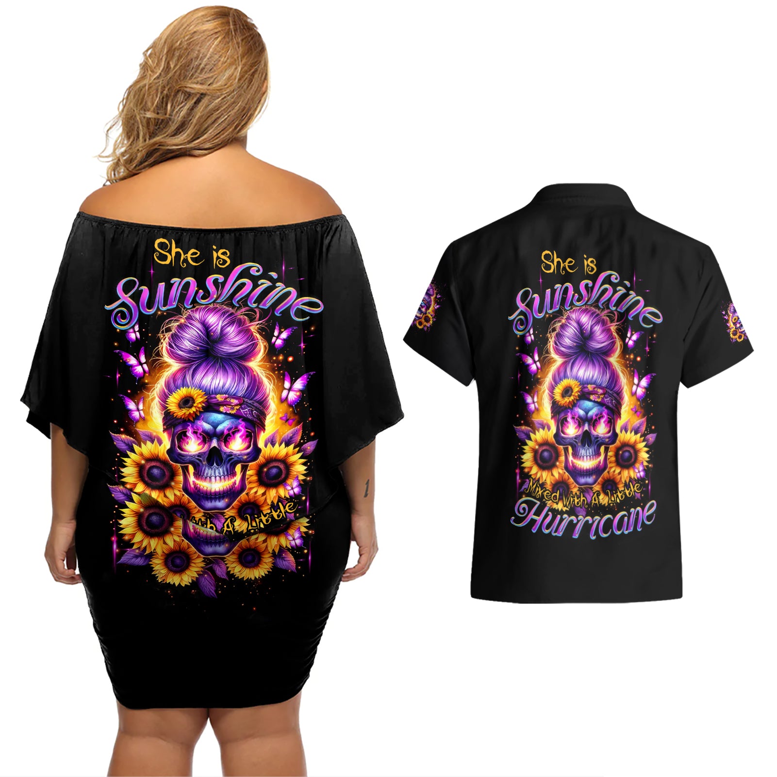 Sunflower Skull Couples Matching Off Shoulder Short Dress and Hawaiian Shirt She Is Sunshine Mixed With A Little Hurricane - Wonder Print Shop
