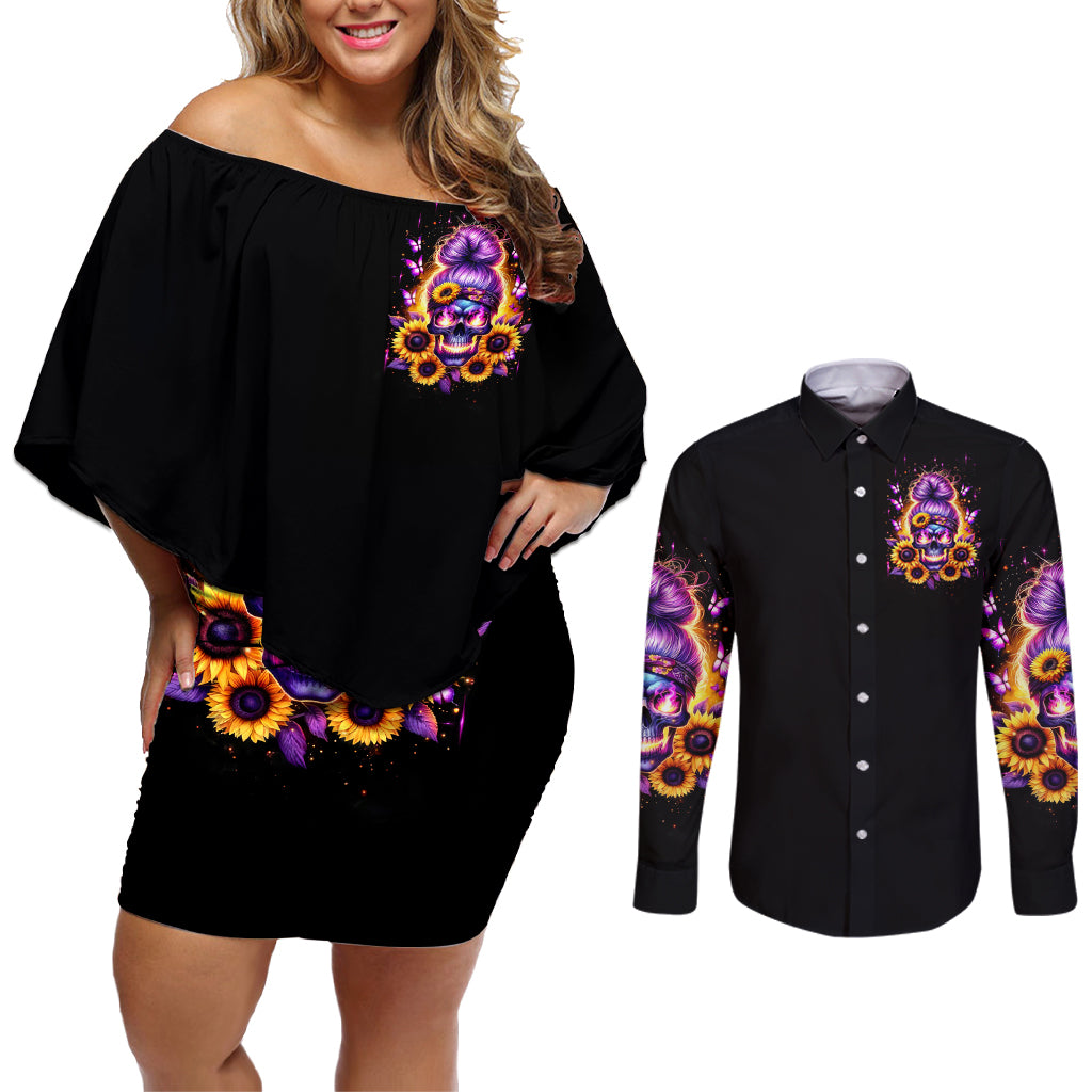 Sunflower Skull Couples Matching Off Shoulder Short Dress and Long Sleeve Button Shirt She Is Sunshine Mixed With A Little Hurricane - Wonder Print Shop