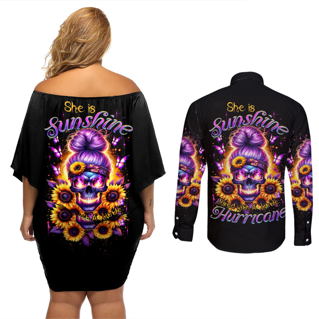 Sunflower Skull Couples Matching Off Shoulder Short Dress and Long Sleeve Button Shirt She Is Sunshine Mixed With A Little Hurricane - Wonder Print Shop