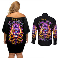 Sunflower Skull Couples Matching Off Shoulder Short Dress and Long Sleeve Button Shirt She Is Sunshine Mixed With A Little Hurricane - Wonder Print Shop