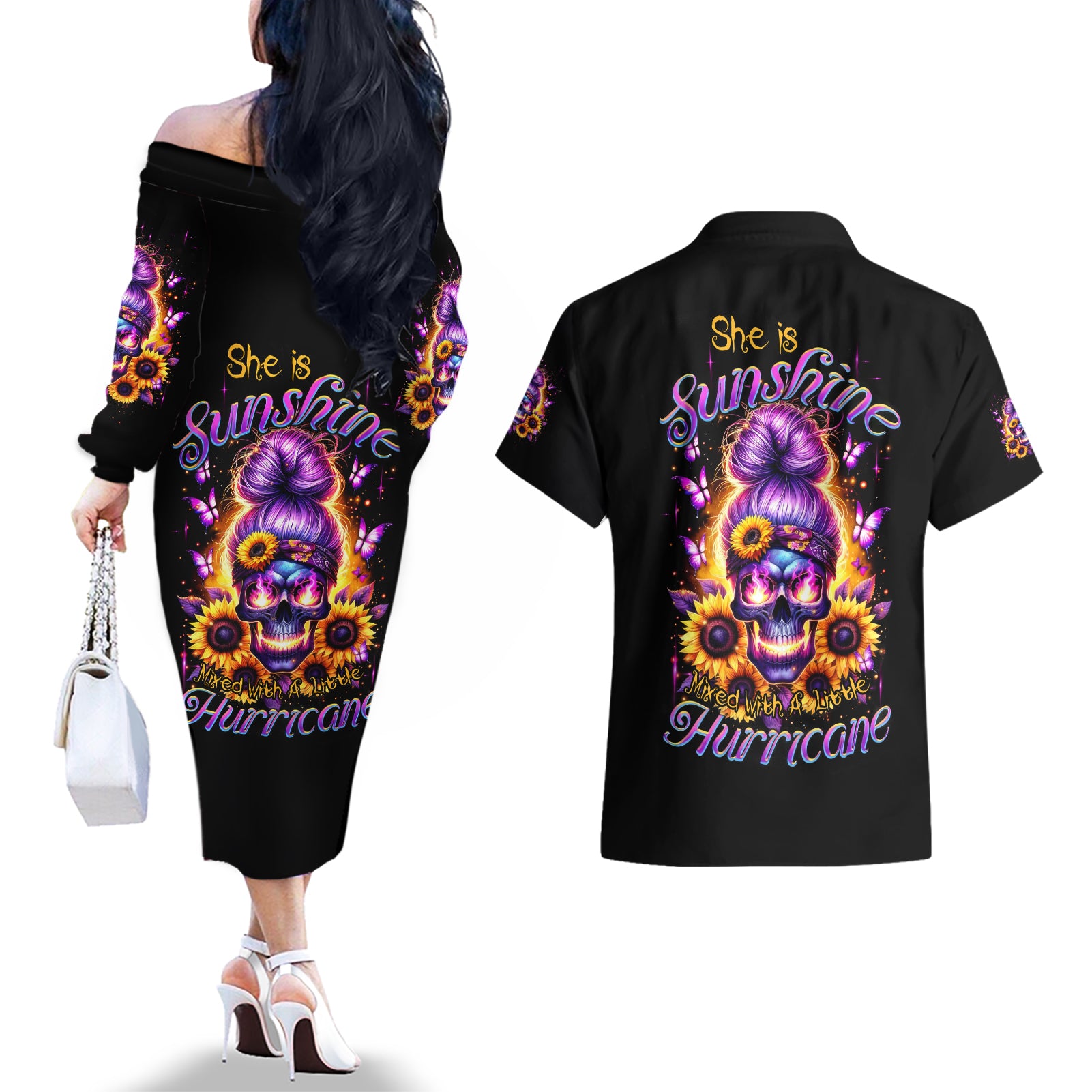Sunflower Skull Couples Matching Off The Shoulder Long Sleeve Dress and Hawaiian Shirt She Is Sunshine Mixed With A Little Hurricane - Wonder Print Shop