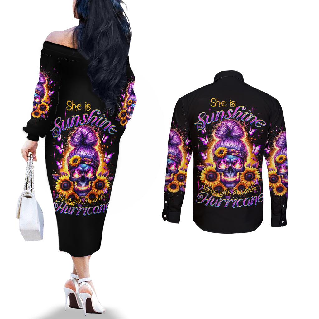 Sunflower Skull Couples Matching Off The Shoulder Long Sleeve Dress and Long Sleeve Button Shirt She Is Sunshine Mixed With A Little Hurricane