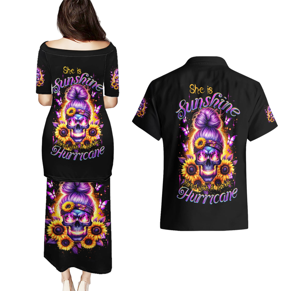 Sunflower Skull Couples Matching Puletasi and Hawaiian Shirt She Is Sunshine Mixed With A Little Hurricane - Wonder Print Shop