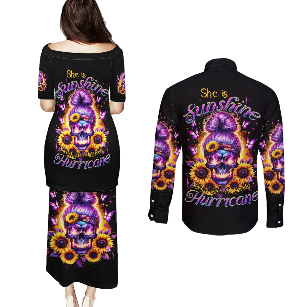 Sunflower Skull Couples Matching Puletasi and Long Sleeve Button Shirt She Is Sunshine Mixed With A Little Hurricane - Wonder Print Shop