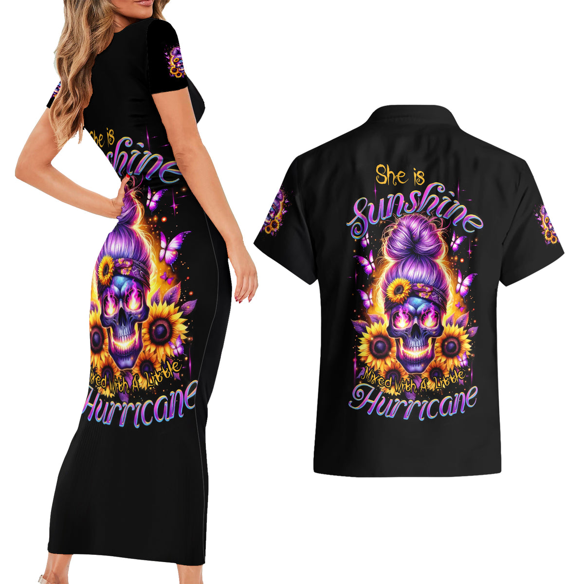 Sunflower Skull Couples Matching Short Sleeve Bodycon Dress and Hawaiian Shirt She Is Sunshine Mixed With A Little Hurricane - Wonder Print Shop