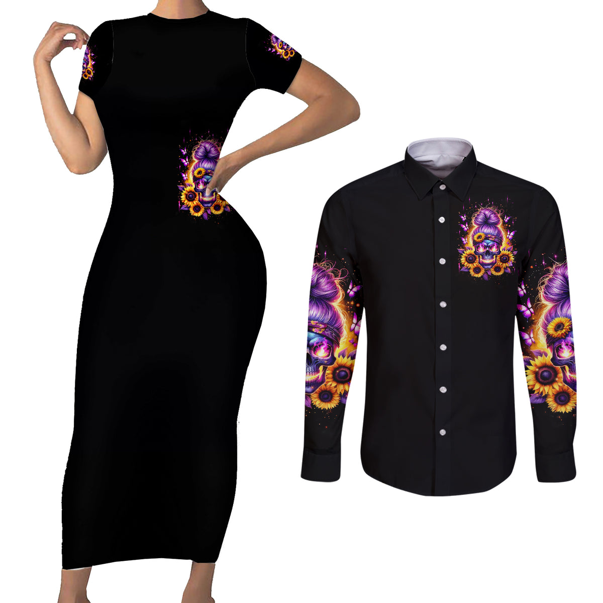Sunflower Skull Couples Matching Short Sleeve Bodycon Dress and Long Sleeve Button Shirt She Is Sunshine Mixed With A Little Hurricane - Wonder Print Shop