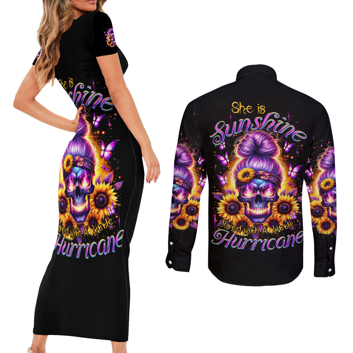 Sunflower Skull Couples Matching Short Sleeve Bodycon Dress and Long Sleeve Button Shirt She Is Sunshine Mixed With A Little Hurricane - Wonder Print Shop