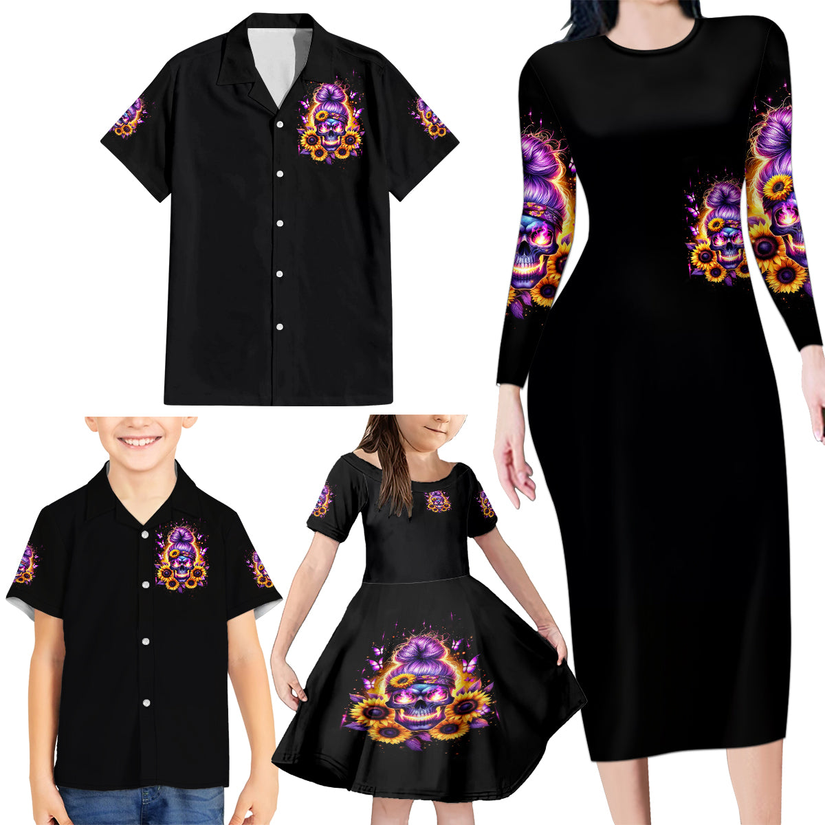 Sunflower Skull Family Matching Long Sleeve Bodycon Dress and Hawaiian Shirt She Is Sunshine Mixed With A Little Hurricane - Wonder Print Shop