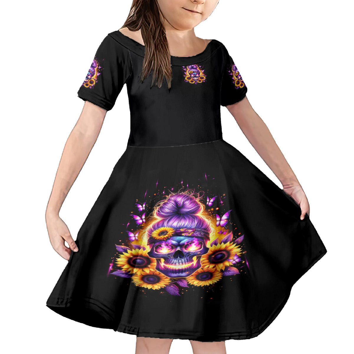 Sunflower Skull Family Matching Off Shoulder Long Sleeve Dress and Hawaiian Shirt She Is Sunshine Mixed With A Little Hurricane - Wonder Print Shop
