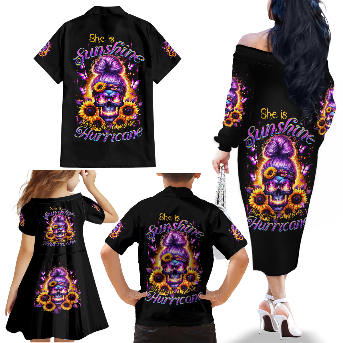 Sunflower Skull Family Matching Off Shoulder Long Sleeve Dress and Hawaiian Shirt She Is Sunshine Mixed With A Little Hurricane - Wonder Print Shop