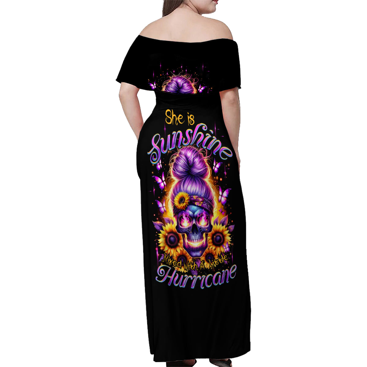 Sunflower Skull Family Matching Off Shoulder Maxi Dress and Hawaiian Shirt She Is Sunshine Mixed With A Little Hurricane - Wonder Print Shop