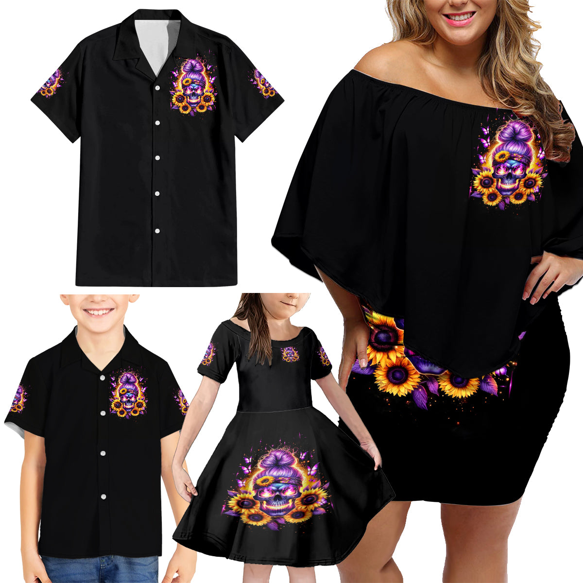 Sunflower Skull Family Matching Off Shoulder Short Dress and Hawaiian Shirt She Is Sunshine Mixed With A Little Hurricane - Wonder Print Shop