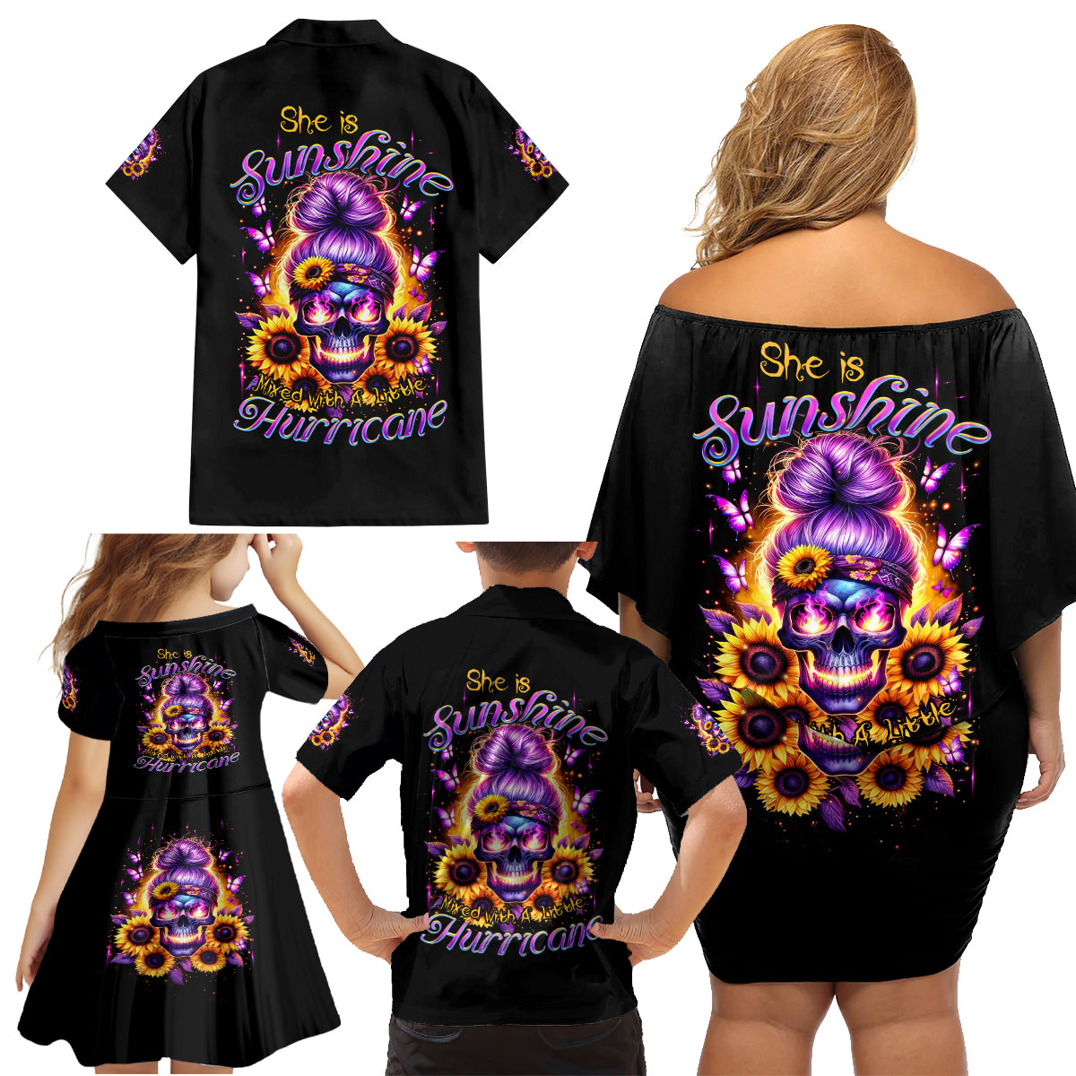 Sunflower Skull Family Matching Off Shoulder Short Dress and Hawaiian Shirt She Is Sunshine Mixed With A Little Hurricane - Wonder Print Shop